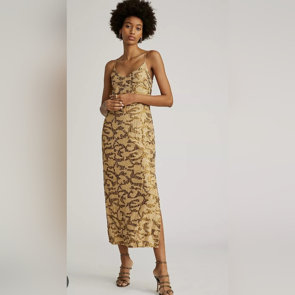 Anthropologie Gold Sequined Slip Midi Dress